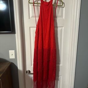 Anthropologie Red Halter Fringe Dress 8 NWT
